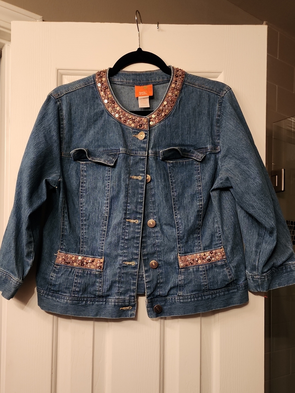 hearts of palm Blue Denim Jacket with Beaded Trim
